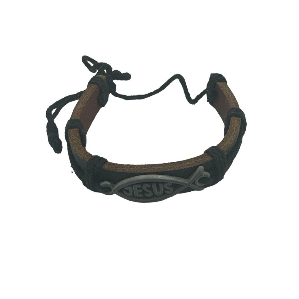 Handmade Leather Bracelet With Jesus Fish Symbol Adjustable Black Cord Unisex